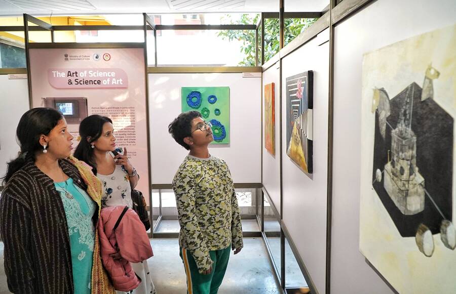 Visitors at an art exhibition at Birla Industrial and Technology Museum in Ballygunge on Friday
