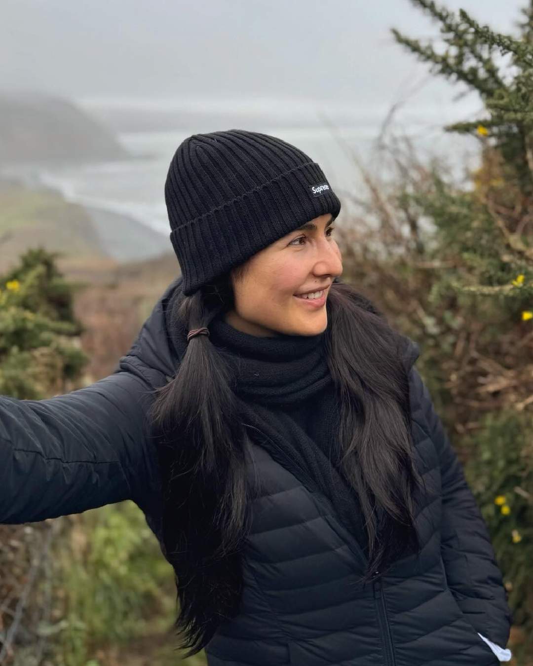 Katrina Kaif sported an all-black outfit — a puffer jacket teamed with a turtle neck sweater and a cosy beanie. The 41-year-old actress last appeared alongside Vijay Sethupathi in Merry Christmas. 