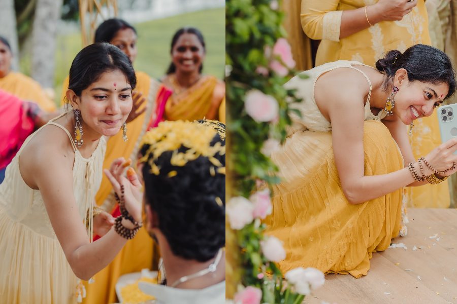 For her sister’s haldi ceremony, Pallavi donned a halter-neck yellow ombre kurta. She looked effortlessly chic in the outfit.