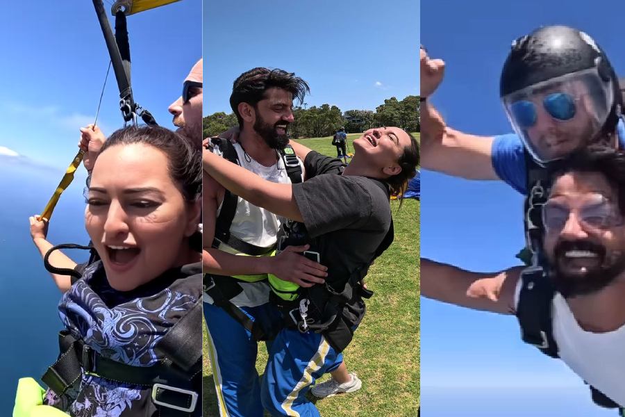 Actor couple Sonakshi Sinha and Zaheer Iqbal embarked on a skydiving adventure in Australia to mark two years of their engagement. 