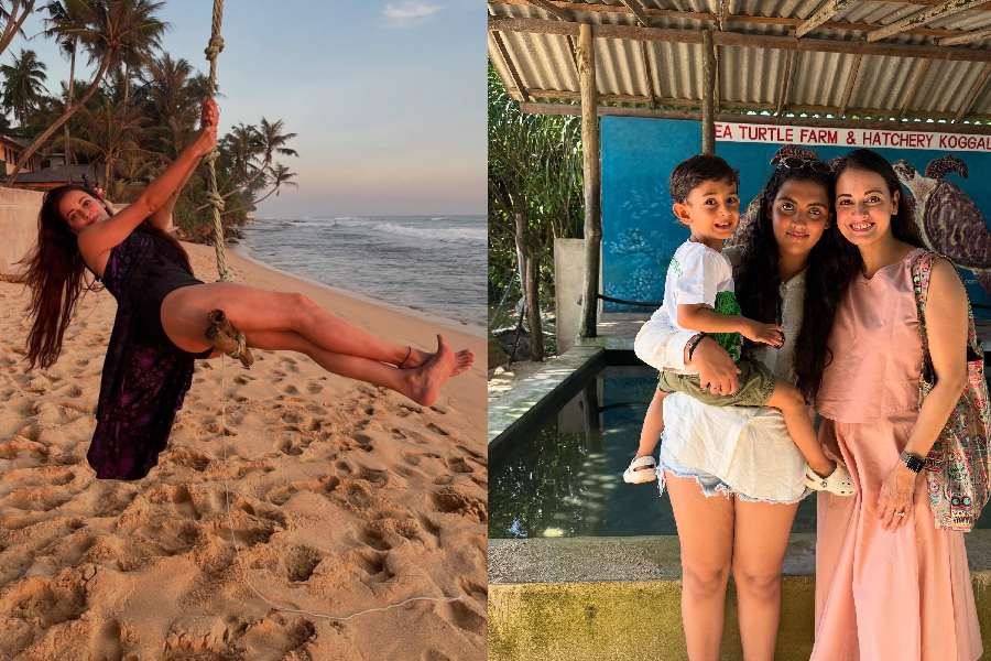 Dia Mirza is currently enjoying a seaside vacation with son Avyaan Azaad and daughter Samaira Rekhi in Koggala, Sri Lanka.