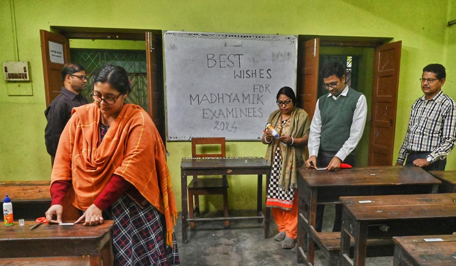 Seating arrangements were made for students at Taki Boys’ School on Thursday ahead of Madhyamik that begins on Friday   