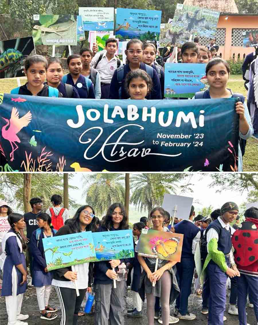 On the occasion of World Wetlands Day, Disappearing Dialogues Collective organised an awareness walk for preservation of East Kolkata Wetlands and care for the environment on Friday. Students from 11 schools of Kolkata and suburbs, members from various environmental organisations participated in the awareness drive. Debashis Sen, former chairman and MD HIDCO and Elizabeth Lee, director of the American Center Kolkata and the Public Affairs Officer (PAO) of the US Consulate General, Kolkata were also present