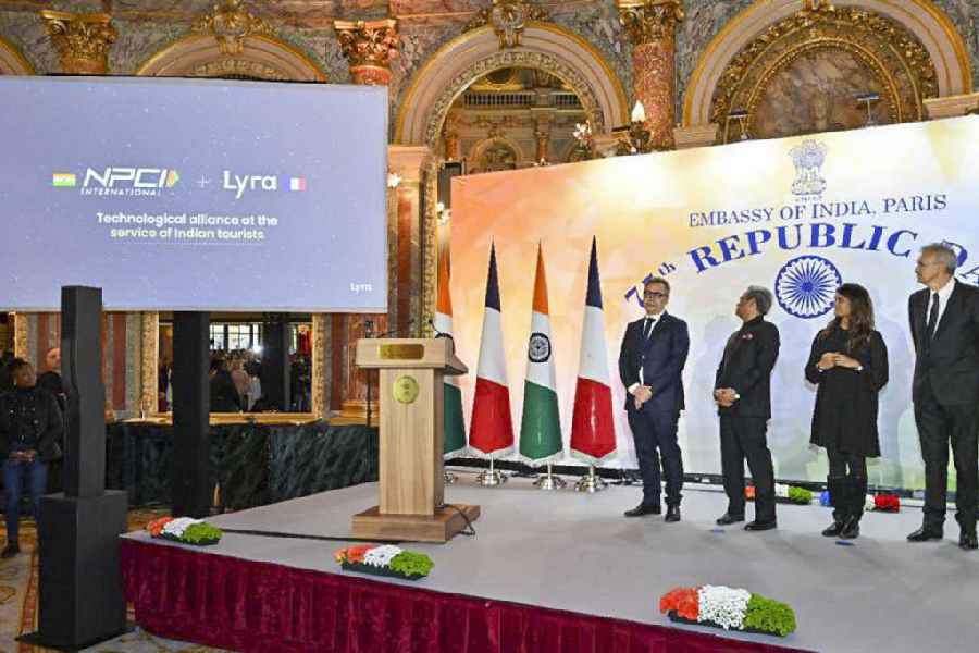 Paris: National Payments Corporation of India's (NPCI) Unified Payment Interface (UPI) being formally launched at the Eiffel Tower during the 75th Indian Republic Day celebration, in Paris. Tourists visiting Paris' Eiffel Tower will now be able to book their trip to the iconic monument using India's UPI, the NPCI said on Friday