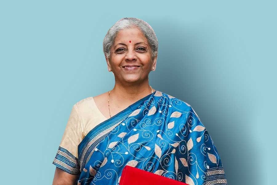Union finance minister Nirmala Sitharaman in a blue kantha-stitch sari at the Interim Budget 2024 presentation