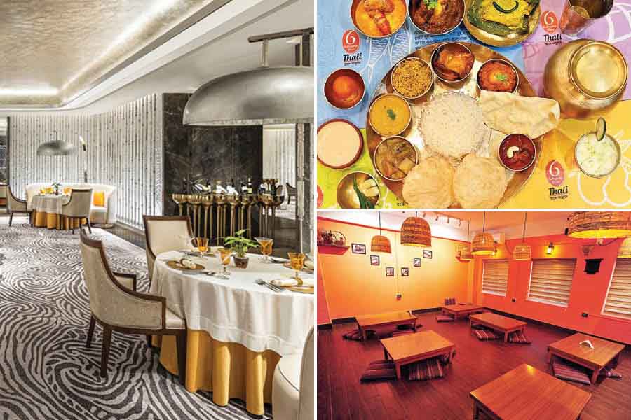 (Left) Avartana in ITC Royal Bengal; (top right) a thali from 6 Ballygunge Place, and the seating area of The Blue Poppy. The three other city restaurants on the list are Sonar Tori, Sienna Store & Cafe, and Royal Indian Hotel