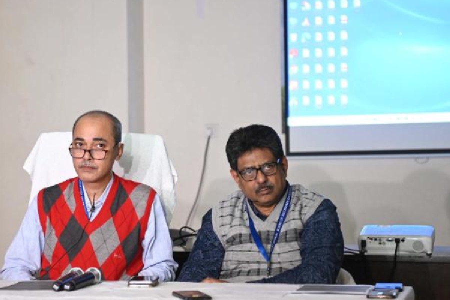 Ramanuj Ganguly President and right Gautam Ghosh Secretary during West Bengal Board of Secondary Education press conference at saltlake board office on Saturday