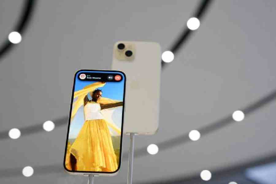 File picture of the iPhone 15 and iPhone 15 Plus on display during the 'Wonderlust' event at Apple's headquarters in Cupertino, California, on September 12, 2023