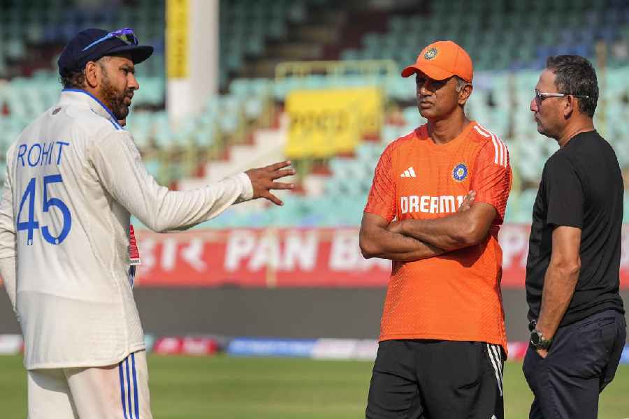 India's captain Rohit Sharma with head coach Rahul David and Selection Committee Chairperson Ajit Agarkar after winning the second cricket test match against England