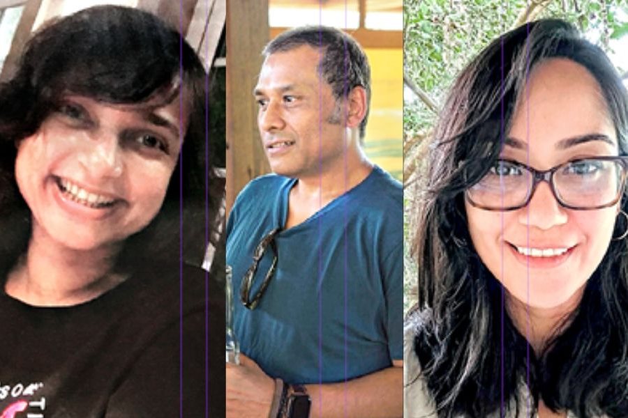 (From left) Urmi Bhanja, Orko Basu and Mrinalini Sen, who designed the cover of This Moment.