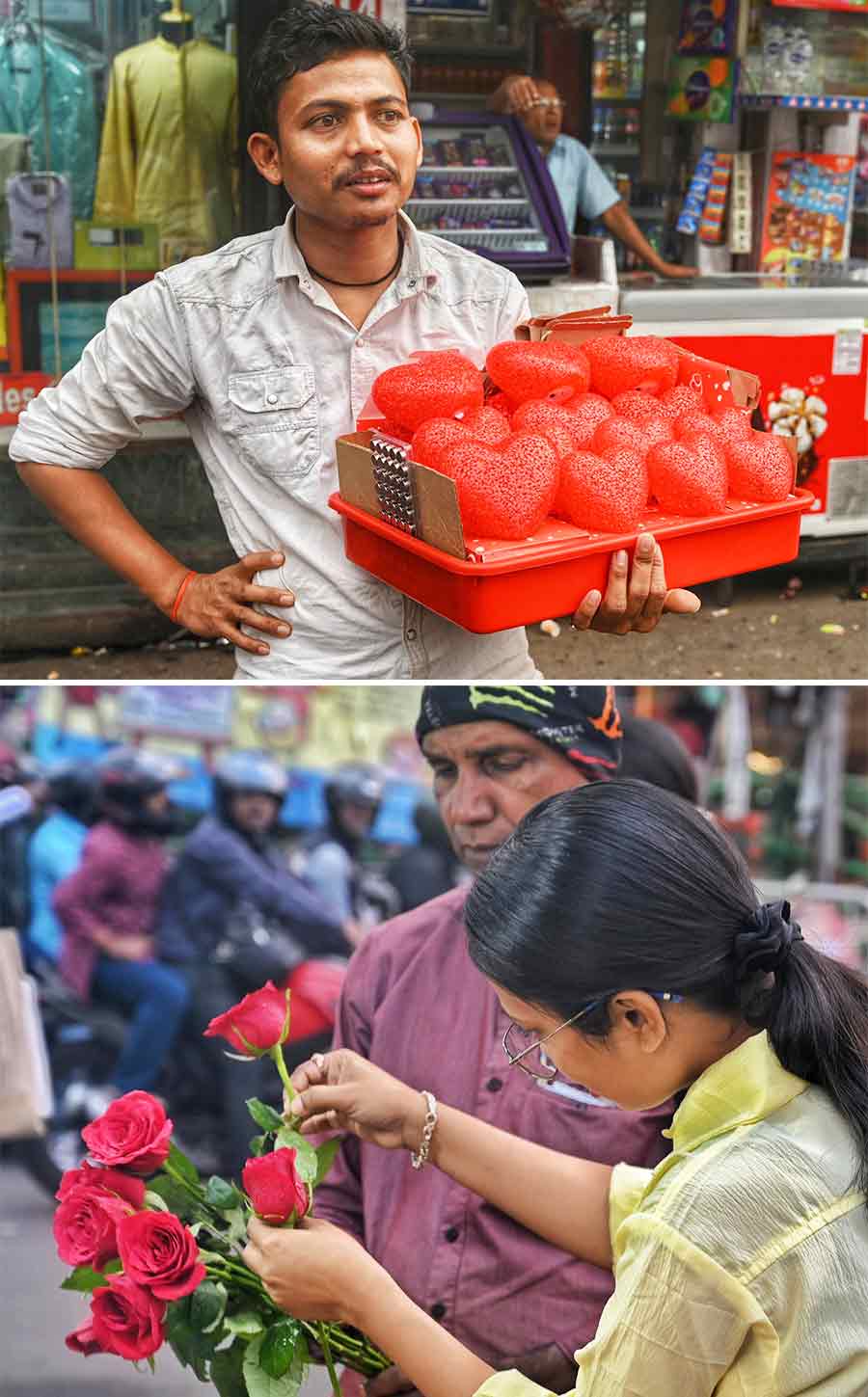People were seen buying roses at Lake Market a day ahead of Rose Day. As the Valentine’s Week begins from Wednesday with Rose Day, heart-shaped lights and other items have been stocked up by vendors at Esplanade 