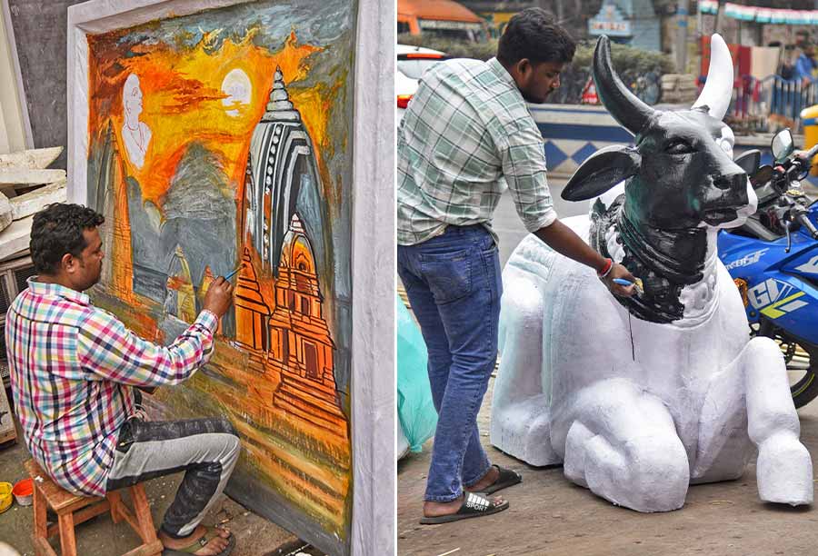 Artists at Dom Para continue to make props for Saraswati Puja and other festivities  