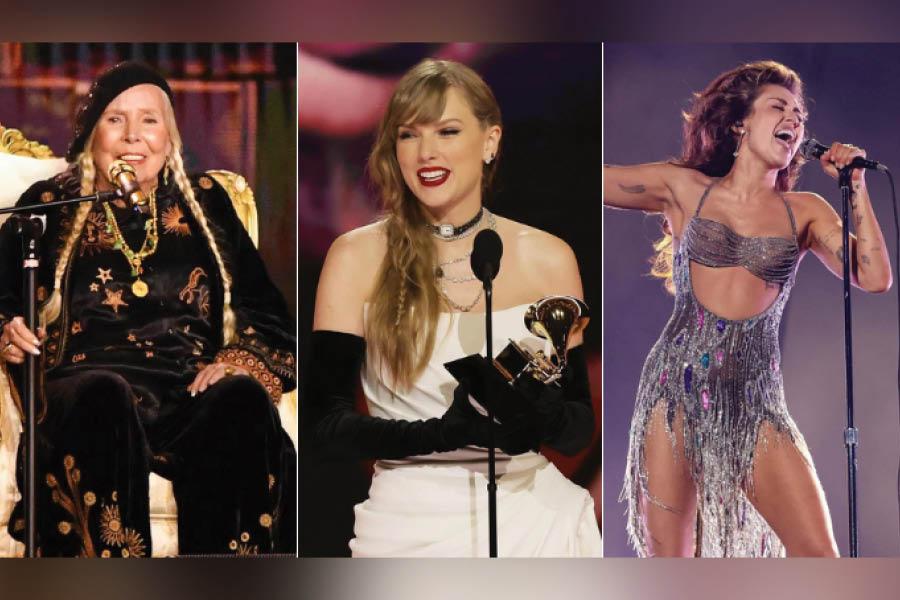 (L-R) Joni Mitchell, Taylor Swift, and Miley Cyrus had milestone moments at the 66th Grammy Awards