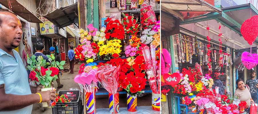 Artificial flowers, heart-shaped cushions and more items are being sold in north Kolkata for Valentine’s Week 