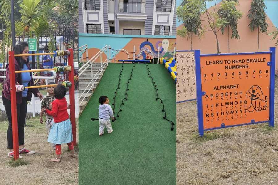 (From left) A child tries out an abacus at the inclusive sensory park; Children try out the climbing gear at the inclusive sensory park; Boards with alphabets and figures in Braille at the inclusive sensory park