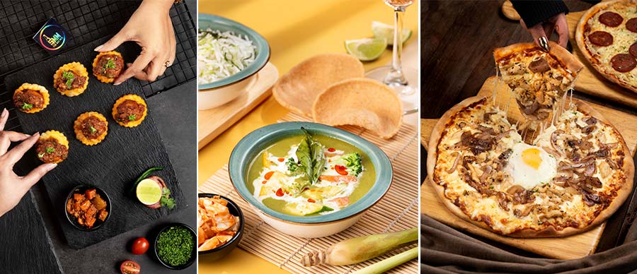 The revamped menu, chef’d up by Sneha Singhi Upadhaya, has new eats like Mad Mad Wings, Kancha Lonka Dhoneyapata Chicken Tikka and the legendary Mad Pepperoni Pizza. Plus, they’ve got Green Thai Curry (centre), Mushroom Galouti with Coin Laccha Paratha, Oriental BBQ Wings, Coin Luchi Aloo Dum (left), Occhi di Bue Pizza (right) and Veg Khao Suey to satisfy your cravings 