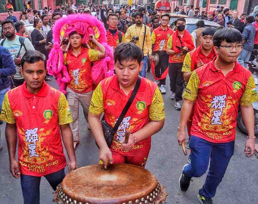 Chinese youths beat traditional drums at Bow Barracks off Chittaranjan Avenue on Saturday to usher in the lunar year represented by the Dragon. It was preceded by the year of the Rabbit