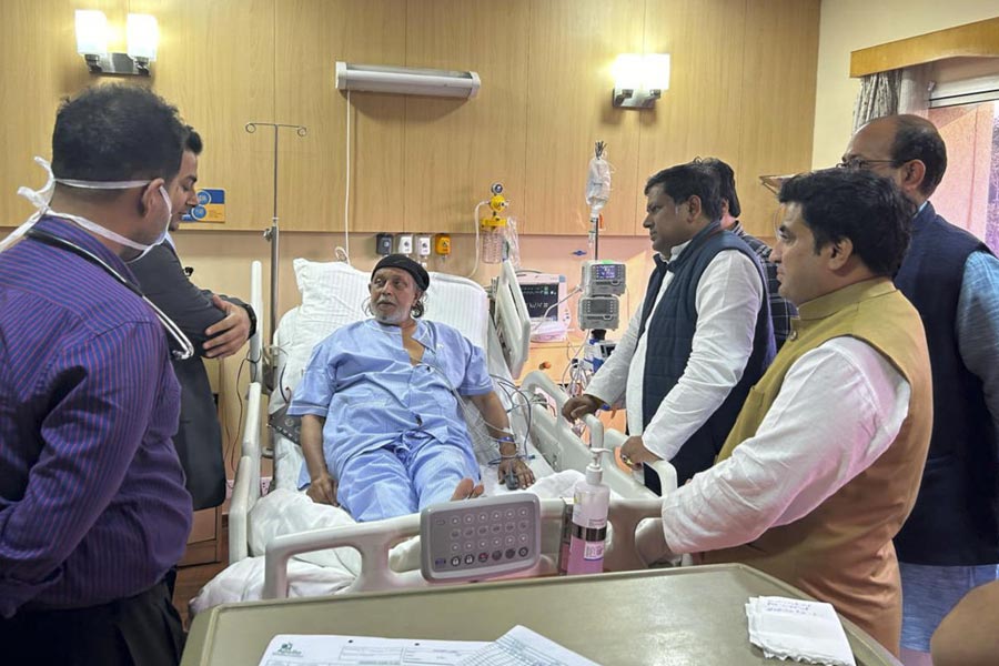 BJP West Bengal President Sukanta Majumdar visits party leader and veteran actor Mithun Chakraborty to enquire about his health after he was admitted to a hospital, in Calcutta.