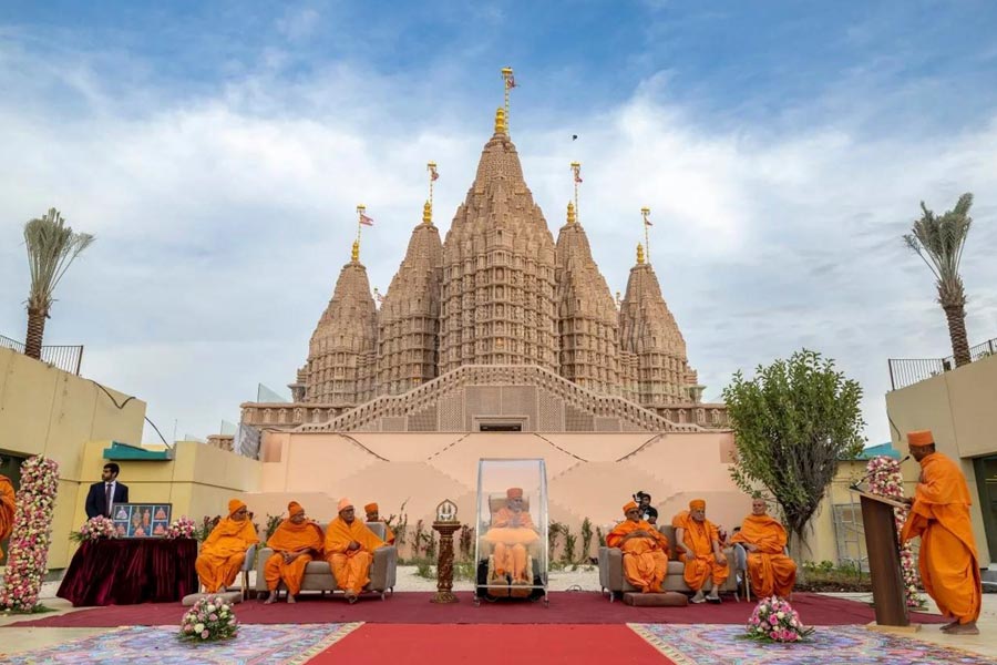 Mahant Swami Maharaj, the spiritual leader of BAPS, arrives at the BAPS Hindu Mandir, Abu Dhabi marking the beginning of the Festival of Harmony.