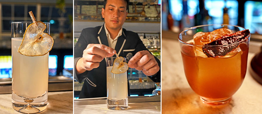 At the AMPM bar, there were five cocktails by (centre) mixologist Pankaj Singh Gusain that celebrated the theme. The star of the cocktail menu, (right) PM Takeout, was a Lap Cheong (Chinese sausage) fat-washed Bombay Sapphire gin-based cocktail with mushroom cordial and tonic. It had a smoky flavour with notes of sweet, caramelised mushroom. Giving it tough competition was (left) Huangjiu Highball, made with Grey Goose Vodka, homemade Chinese rice wine and pear cordial – a refreshing, mildly sweet cocktail topped with a pear chip that looked like glass 