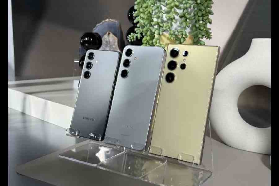(Left to right) Samsung Galaxy S24, S24+ and S24 Ultra on display in San Jose, California, in January