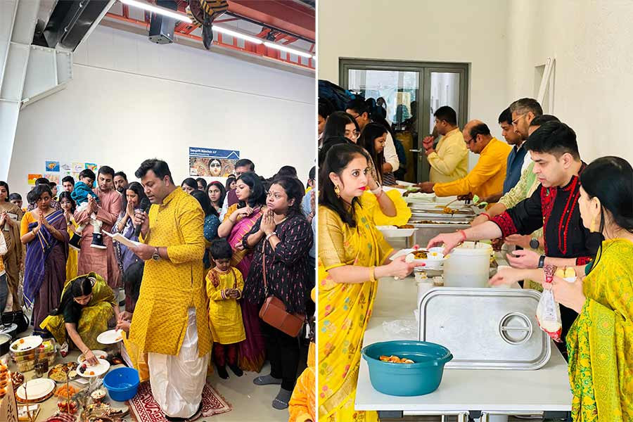 The Saraswati Puja by Sampriti München e.V in Munich, and (right) bhog being served by members 