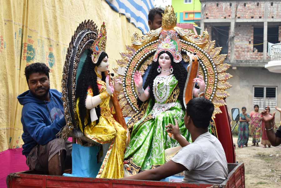 People brought Saraswati idols to their homes and educational institutions from Kumartuli 