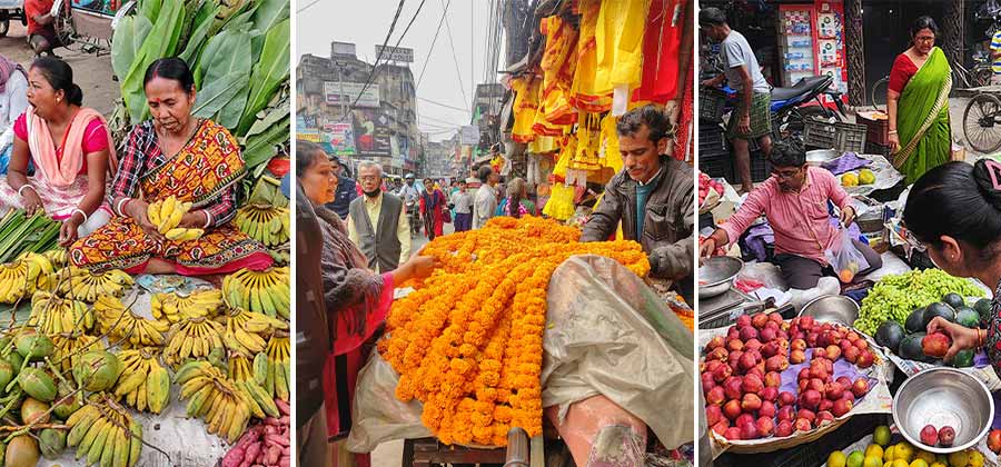 People were seen shopping for fruits, flowers and items required for Saraswati on Tuesday   