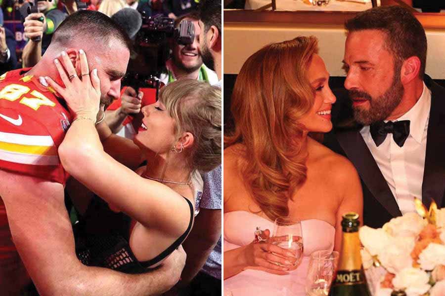 (L-R)  Taylor Swift-Travis Kelce; Ben Affleck-Jennifer Lopez.