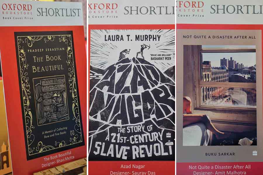 Three of the seven book covers nominated in the shortlist for the Oxford Bookstore Book Cover Prize 2024