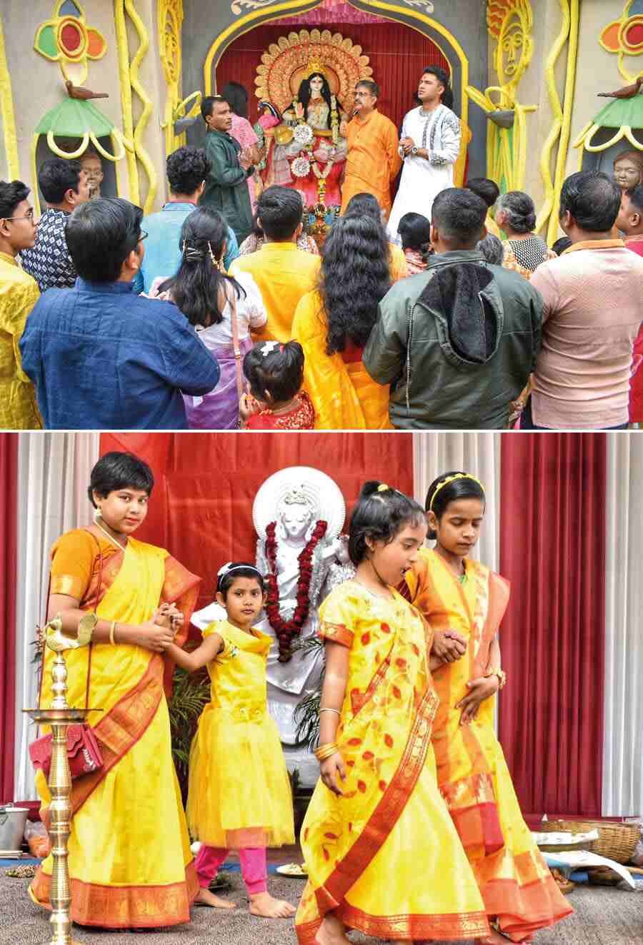 Students of Nabin Sangha Bagbazar High School offer ‘anjali’ to Saraswati, the goddess of learning, at their institution in north Kolkata