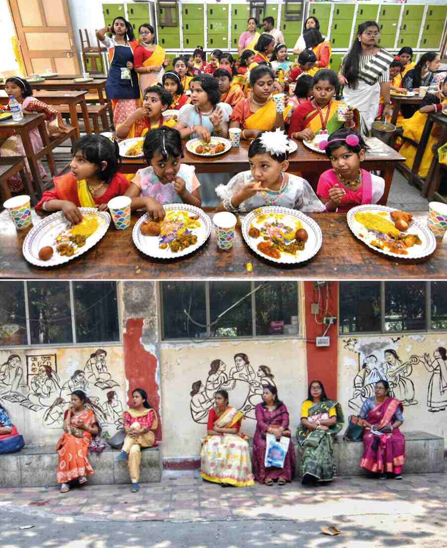 While young devotees relished ‘bhog prasad’ at their educational institution, their guardians patiently waited to take them home