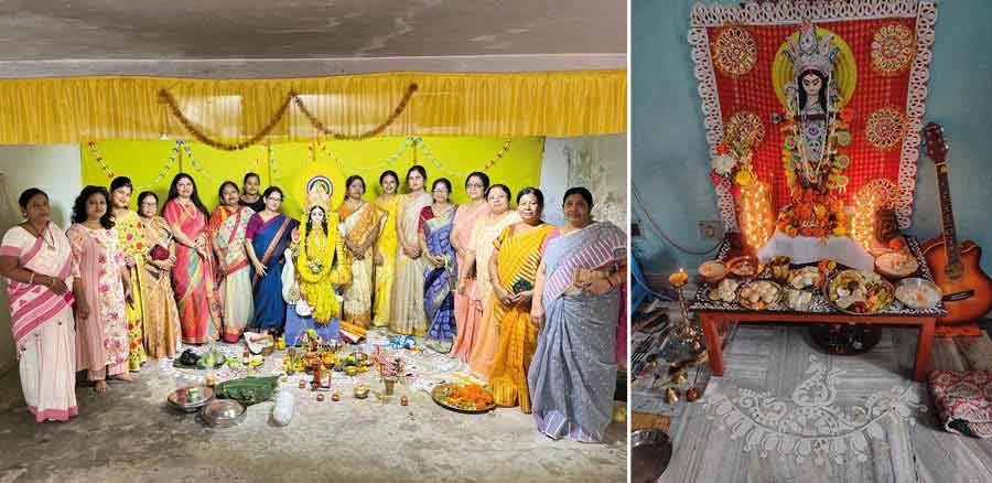 Women members of Krishnabithi Apartment in Kalikapur pose with their Saraswati idol. The all women-organised ‘pujo’ completed 22 years and (right) the Devi sits pretty at a north Kolkata private residence on Wednesday