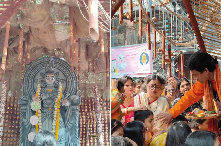 The pandal of Aditya Academy Senior Secondary School, Dumdum, was made out of eco-friendly materials like bamboo, jute and ‘bhnar’. The school won the ‘Shera School Pujo Pandal’ award by JIS Group on Wednesday