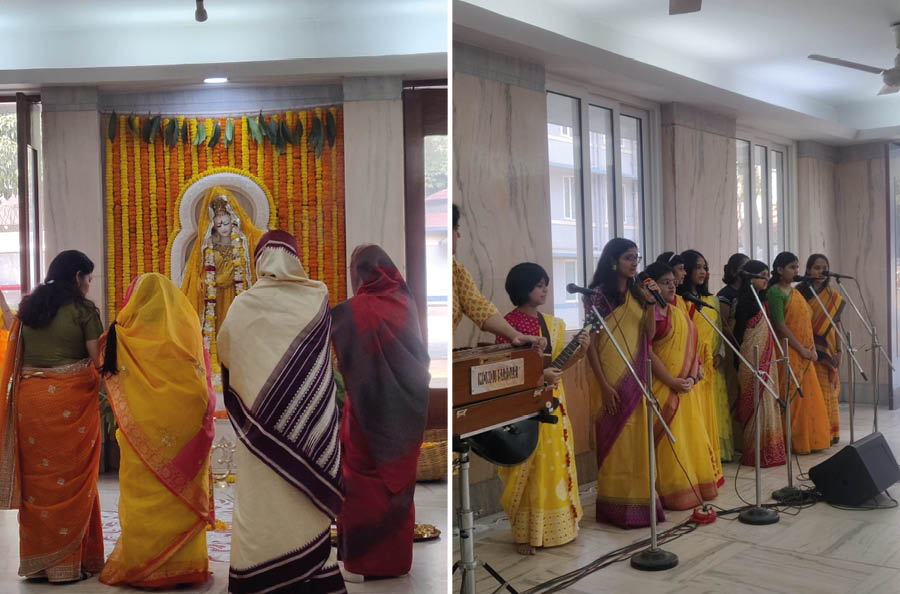 Students and staff of Modern High School for Girls came in for Saraswati Puja in yellow Indian attire. Students took part in a cultural programme too