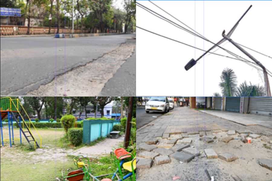 (Clockwise from left) A deep crater on a road in Salt Lake's JD Block 1 on Wednesday; A broken stretch of a pavement in BE Block 1 on Wednesday; A broken streetlight opposite Central Park, near Karunamoyee, on Wednesday; Broken play furniture in the children's park in Baisakhi on Wednesday