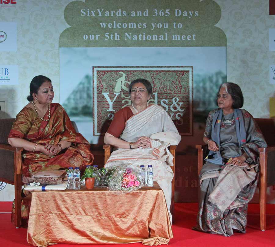 (From left) Group expert Indu Halder, danseuse Tanusree and veteran handloom exponent Nandita Raja at a session of The National Meet of Six Yards and 365 Days at a city hotel on Saturday. Around 75 members from across the country attended the meet