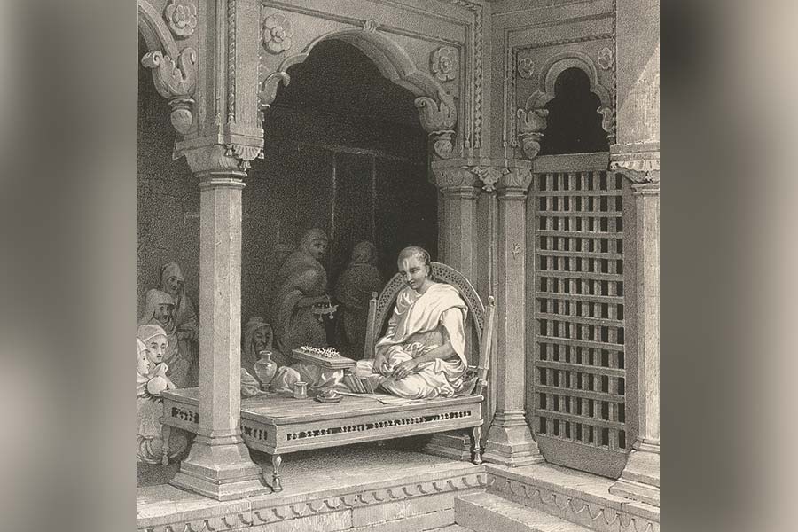 ‘A Preacher Expounding The Poorans. In The Temple of Unn Poorna, Benares.’ Lithograph by Prinsep (1835) 