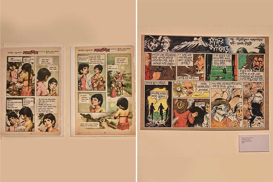 Sadashib comics illustrated by Bimal Das and scripted by filmmaker Tarun Majumdar based on the original story by Sharadindu Bandopadhyay. The comics was published in Anandamela in 1980 and (right) Bibhutibhusan Bandyopadhyay's Chander Pahar illustrated by Bhargab Choudhury and published in Dainik Statesman