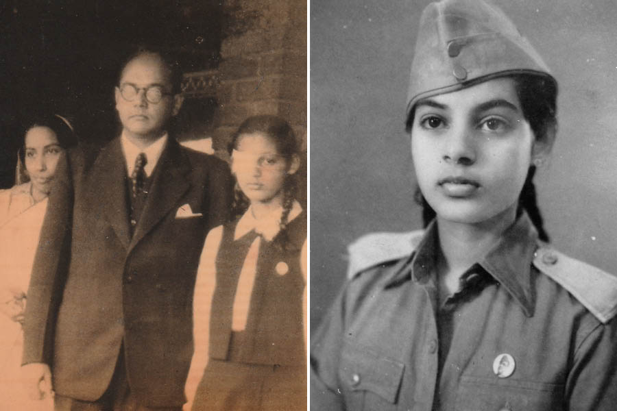 Lieutenant Bharati ‘Asha’ Sahay Choudhry as a teenager with Netaji and (right) clad in INA uniform