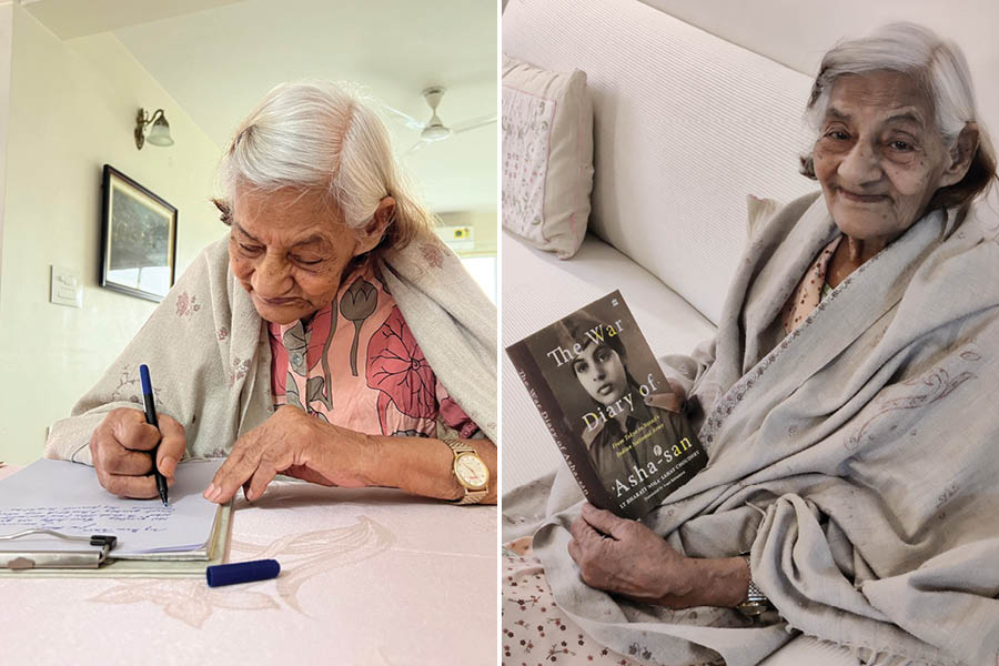 Bharati ‘Asha’ Sahay Choudhry writing the book and (right) after its publication