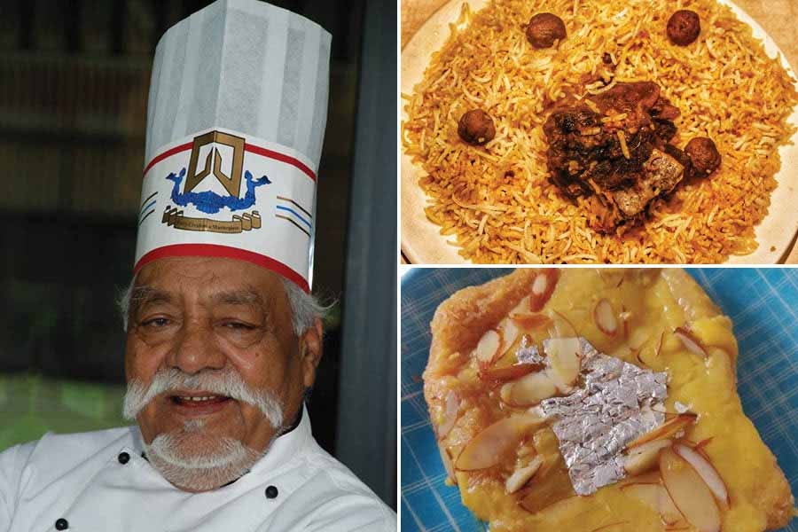 The late Imtiaz Qureshi, former Grand Master Chef of ITC Hotels, made it a point to visit the Royal Indian Restaurant, every time he was in Kolkata; his favourite (top) mutton biryani and (below) 'shahi tukda' from the restaurant