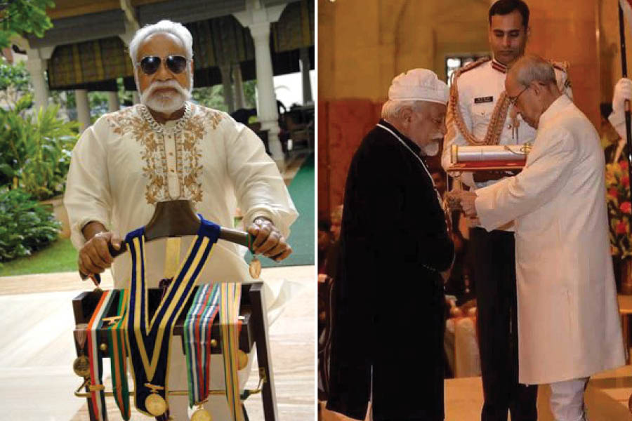 Qureshi with his accolades and (right) the chef receiving Padma Shri from President Pranab Mukherjee in 2016  
