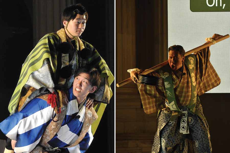 Kyogen artistes during the performance at Victoria Memorial Hall on February 18