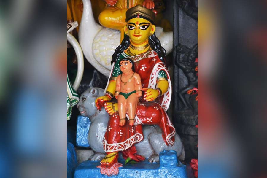 In a temple near Bagbazar in Kolkata, an idol of Ma Shashthi, who is believed to be the goddess of fertility, protector of children 