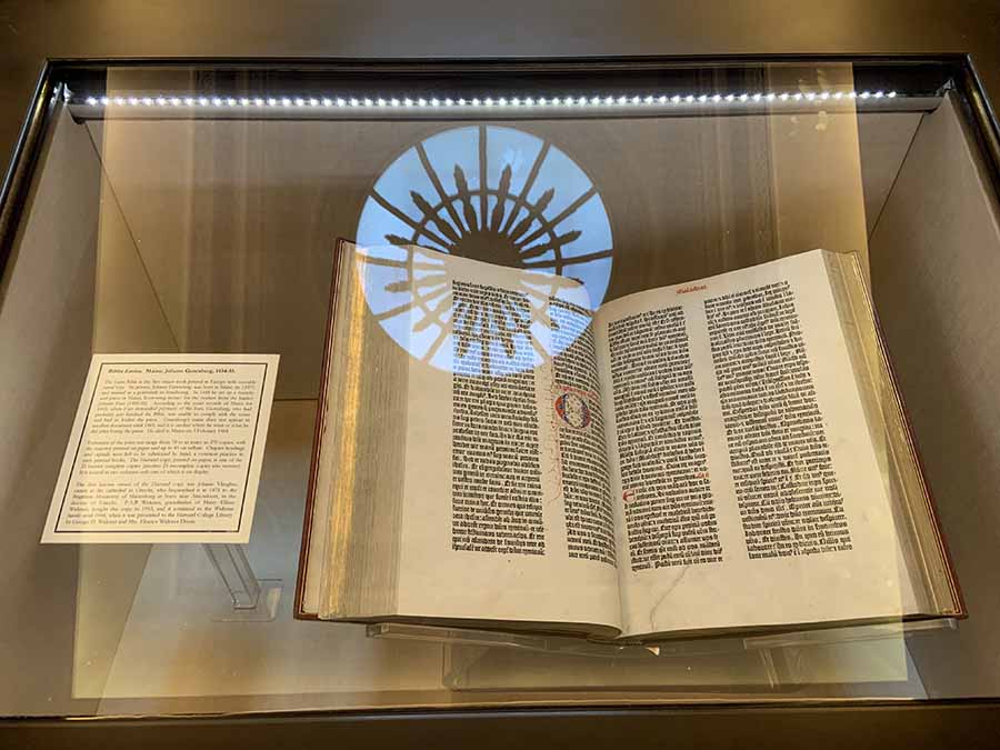 The Harvard copy of the Latin Bible printed by Johann Gutenberg in the mid-1400s. It is one of the 23 known complete copies. It is bound in two volumes, one of which is on display at the Harvard Library