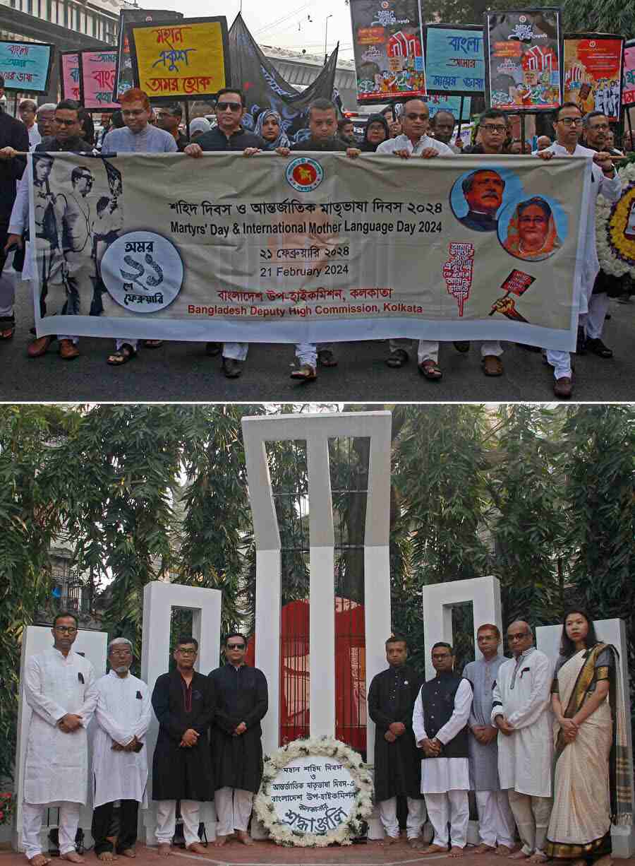 Bangladesh deputy high commissioner Andalib Elias, along with consular staff, placed a floral wreath at Shahid Minar on the mission premises before taking out a ‘prabhat pheri’ (morning rally) from Bangladesh Library & Information Centre to Bangladesh deputy high commission to mark the Language Martyrs’ Day and International Mother Language Day on Wednesday. The Bangladesh flag was flown at half mast
