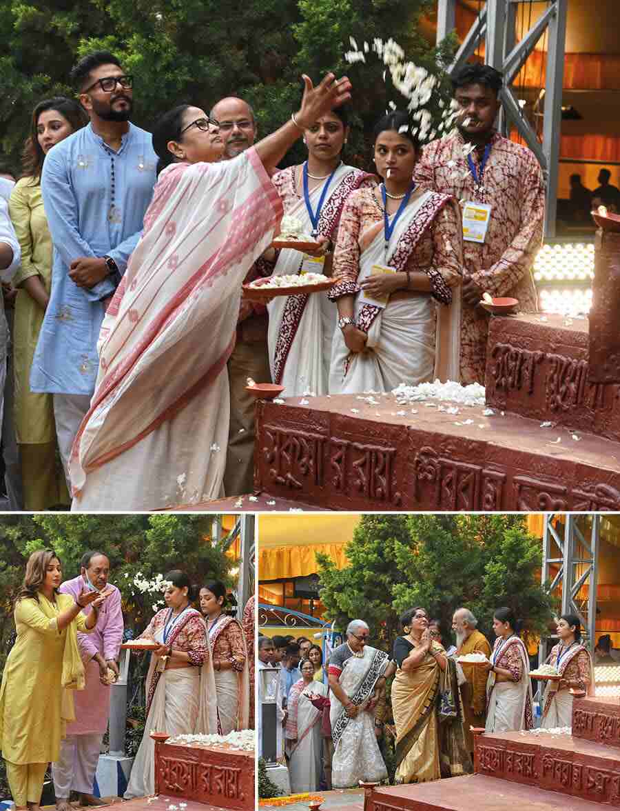 (Clockwise from top) Chief minister Mamata Banerjee led a clutch of personalities such as Mamata Shankar, Sayantika Banerjee and Subrata Bakshi to pay floral respects to the language martyrs on Bhasha Divas at Deshapriya Park on Wednesday 