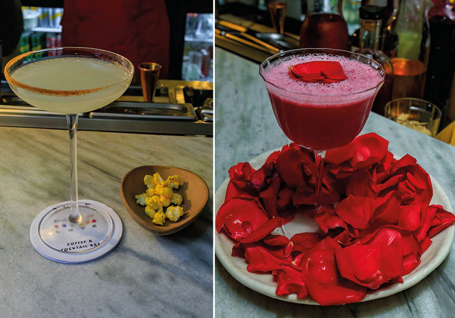 L-R: Corner Seat blended orange liqueur with a hint of popcorn, reminding guests of the nostalgia and allure of single screen cinemas, and (right) Flower Power paid a floral tribute to Kolkata’s flower markets