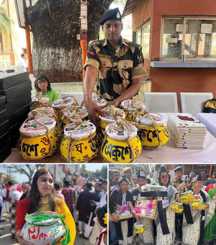 Citizens of India and Bangladesh greeted one another and exchanged pots full of sweets as a customary gesture during the International Mother Language Day celebrations on no-man’s land at the Petrapole-Benapole border on Wednesday. Personnel of Border Security Force and Border Guard Bangladesh took part in the ceremony